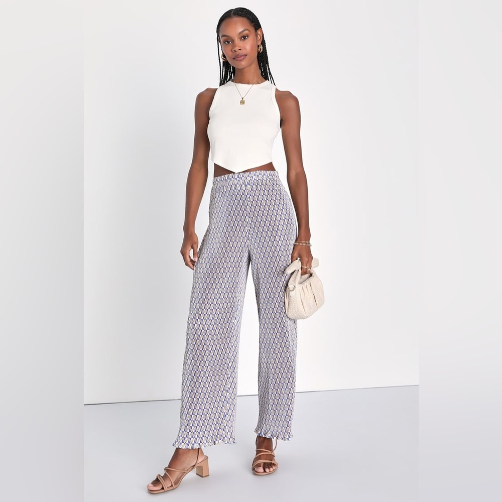 NWT Miami Afternoons Blue Multi Geo Print Plisse Wide-Leg Pants